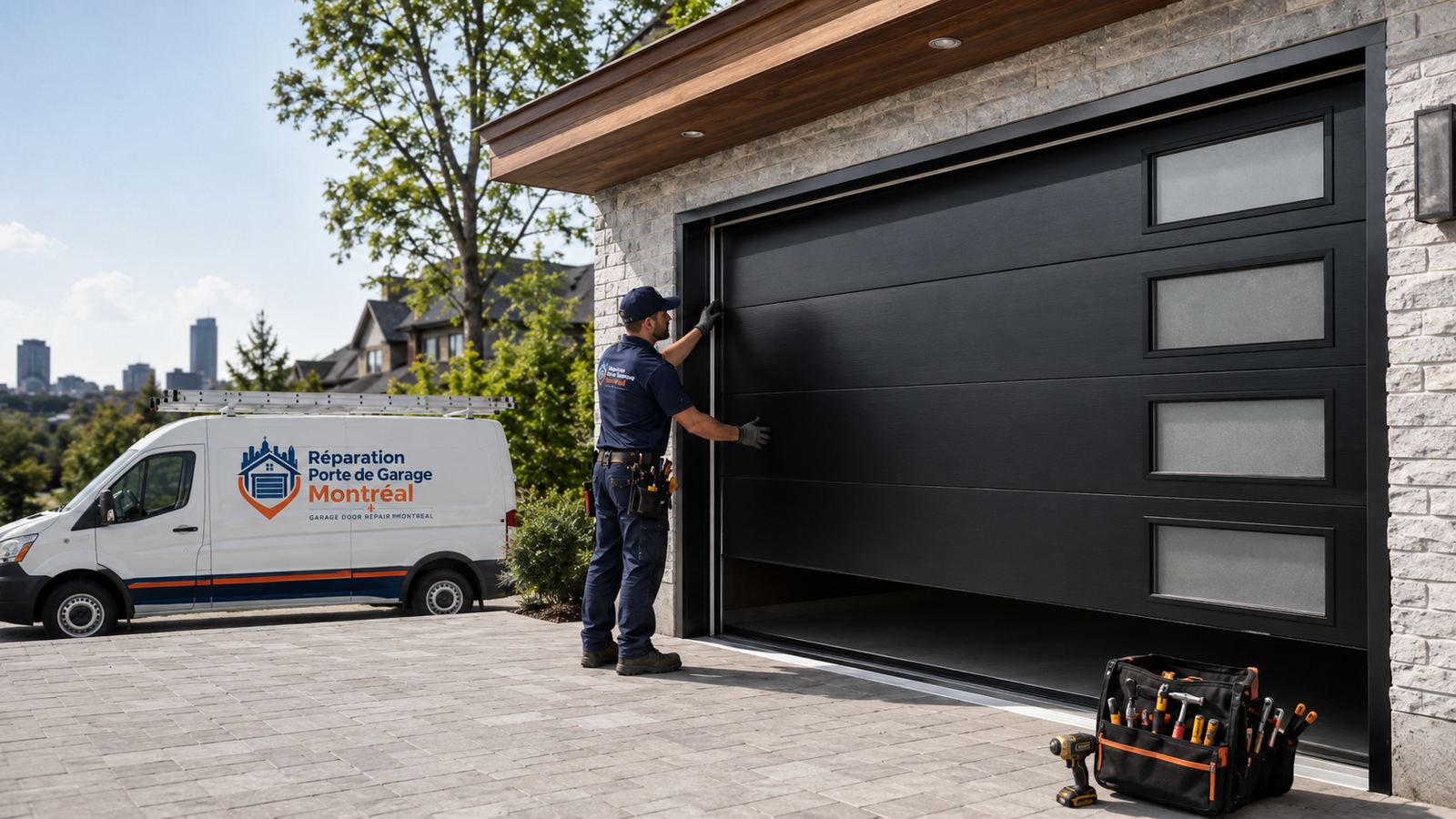 Remplacement de porte de garage à Montréal — nouvelle porte moderne posée par nos techniciens
